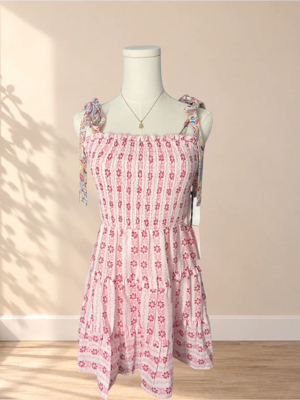 Pink Floral Smocked Tie-Shoulder Mini Dress